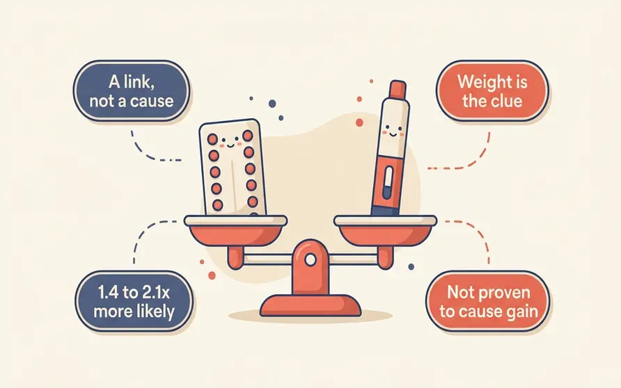 An editorial illustration of a birth-control pill pack and a GLP-1 injection pen balanced on a scale, beside pill-shaped badges reading 1.4 to 2.1x more likely, link not cause and weight is the clue, showing that a 2026 Danish study of 22,694 women tied hormonal contraception to later starting semaglutide without proving the pill caused it