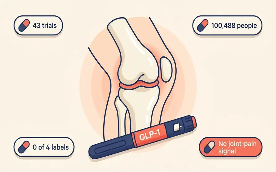 Illustrated knee joint beside a GLP-1 injection pen and a stack of research papers marked 43 trials and 100,488 people, showing that large randomized studies found no increase in joint pain, arthritis or gout for people on Ozempic, Wegovy, Mounjaro or Zepbound