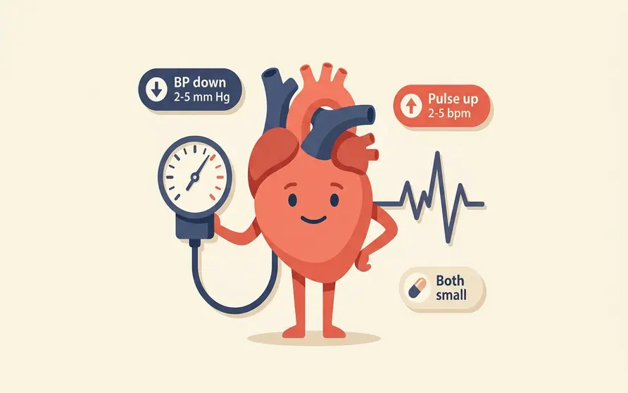 Illustrated heart and a blood-pressure cuff beside a GLP-1 injection pen, one gauge arrow pointing down and one pointing up, showing that Ozempic and other GLP-1 drugs lower systolic blood pressure by about 2 to 5 mm Hg while raising resting heart rate by about 2 to 5 beats per minute