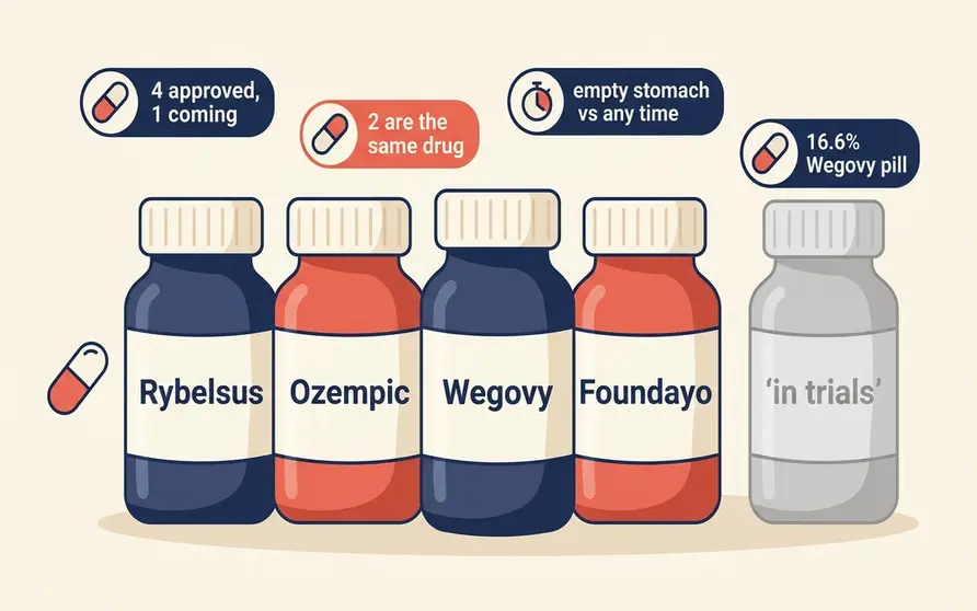 Four labelled pill bottles for Rybelsus, the Ozempic pill, the Wegovy pill and Foundayo beside a fifth greyed-out bottle marked elecoglipron in trials, mapping the GLP-1 pills approved in the US in 2026 and how the diabetes, weight-loss and investigational pills differ