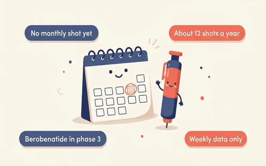 A wall calendar with a single day circled each month beside a GLP-1 injection pen, illustrating that no once-a-month GLP-1 shot is approved yet and that berobenatide is still in phase 3 testing for monthly dosing