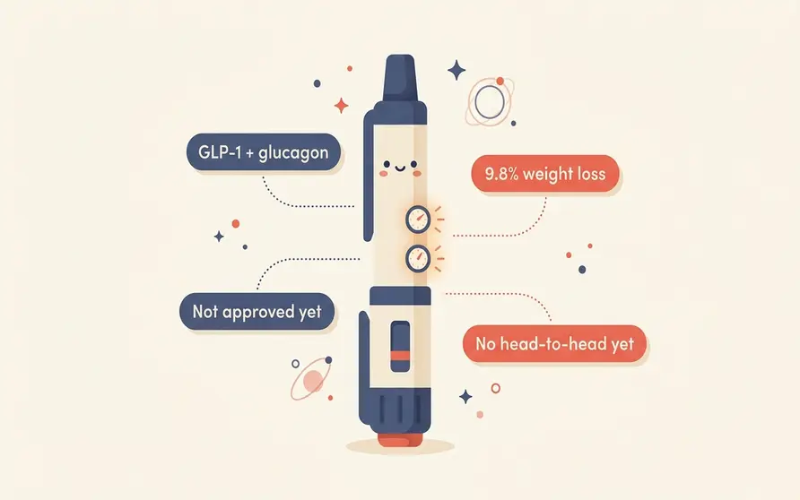 An editorial illustration of a survodutide injection pen marked with two hormone symbols, beside pill-shaped badges reading 9.8% weight loss, GLP-1 plus glucagon and not approved yet, showing that a 2026 phase 3 trial tested the new dual agonist in people with type 2 diabetes but no trial has compared it to Ozempic